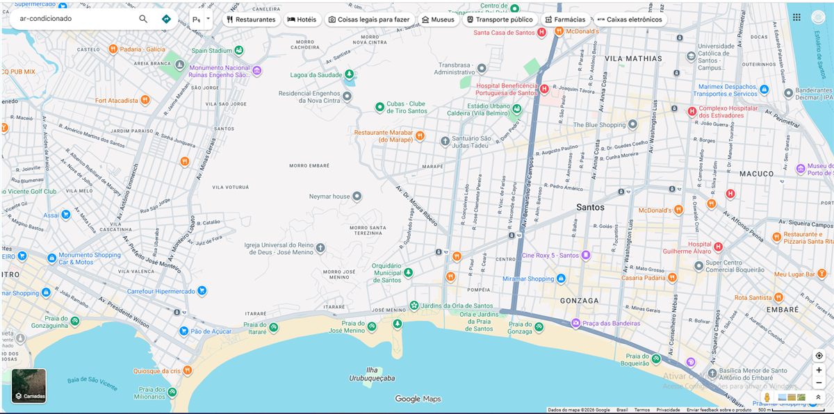 Mapa de Santos e região com busca por ar-condicionado